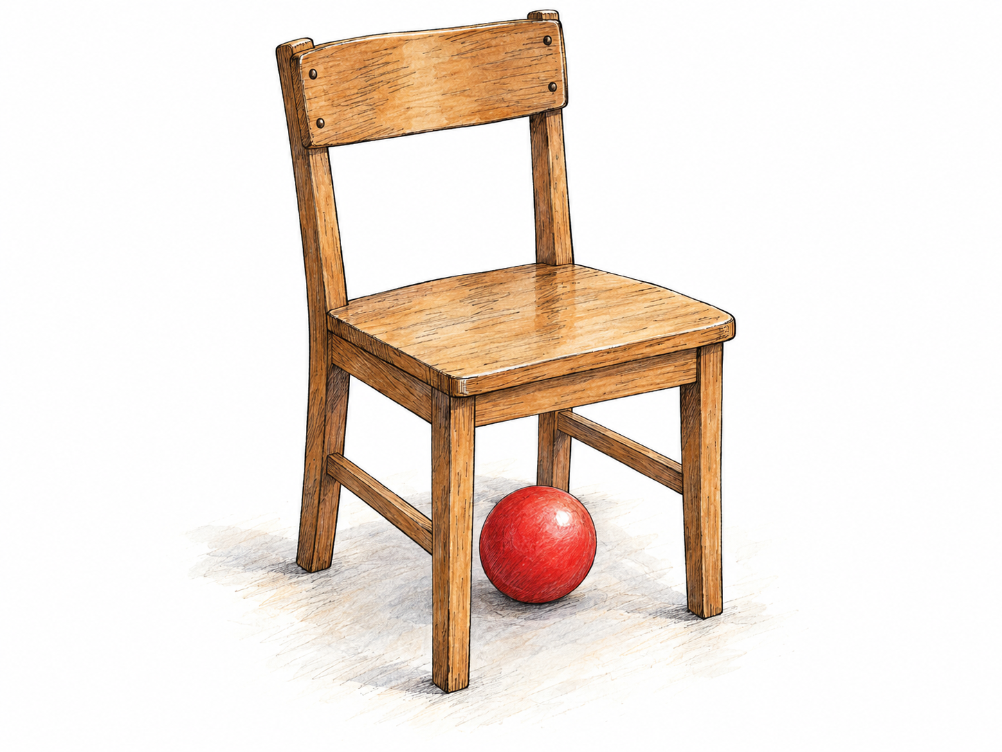 A red ball rests directly beneath a simple wooden chair, clearly inside its legs and vertically below its seat.