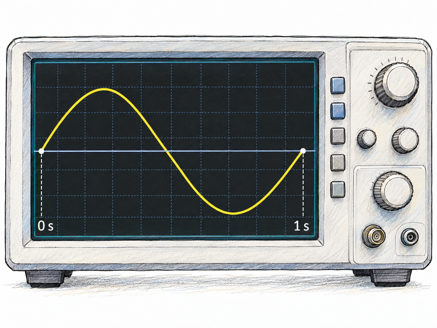 A benchtop oscilloscope displays exactly one complete sinusoidal cycle between time markers labeled “0 s” and “1 s,” making one cycle per second visibly countable.
