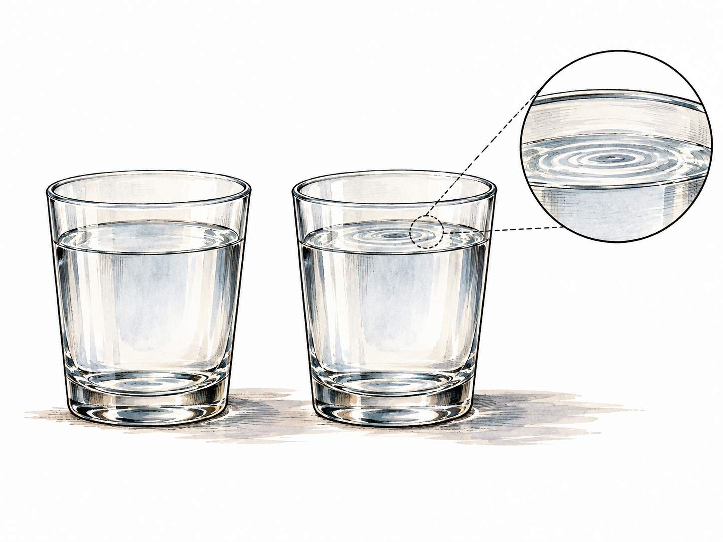 Two identical-looking clear water glasses, one containing an almost invisible tiny ripple; magnifying inset reveals the slight ripple.