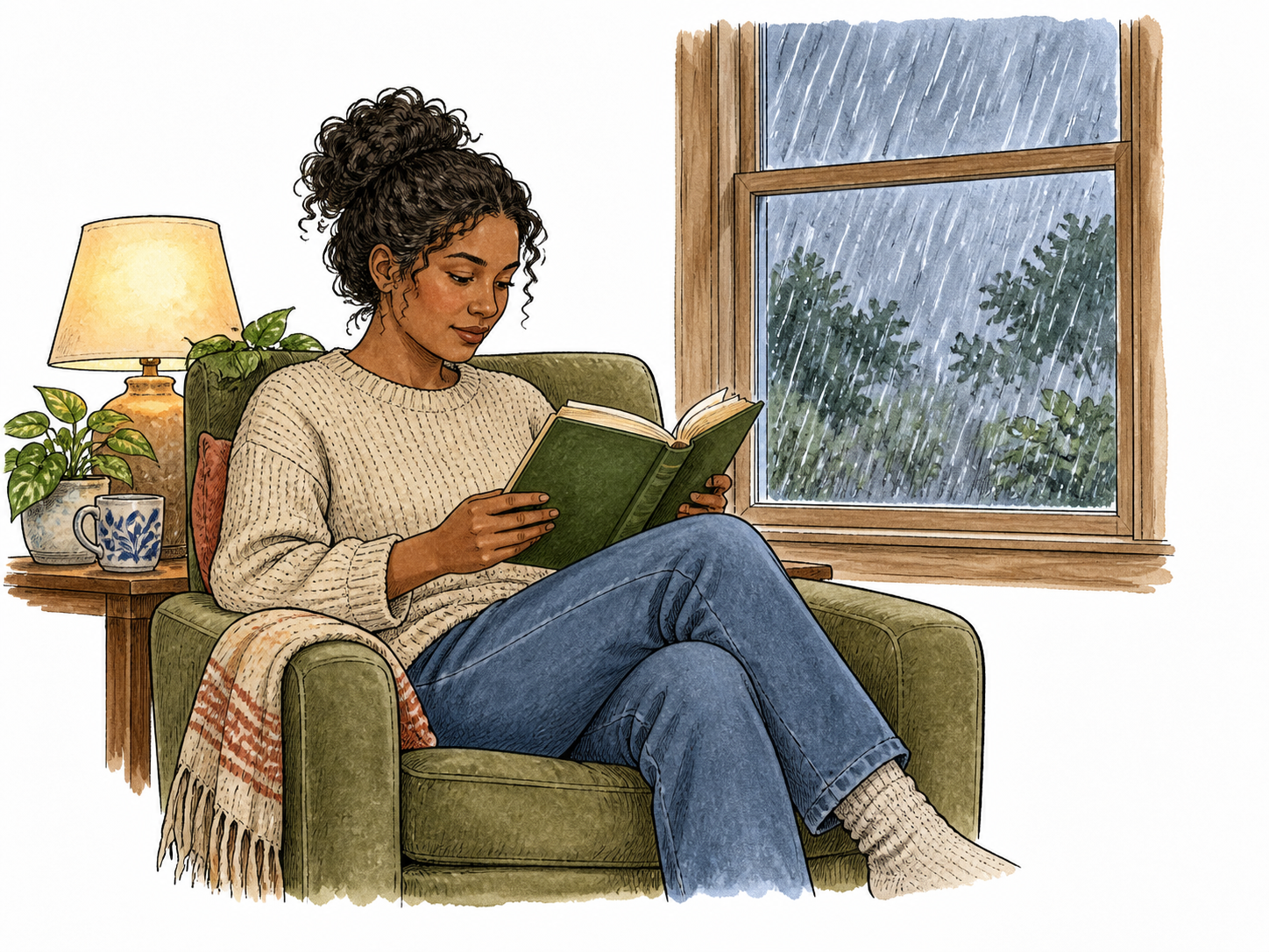 A brown-skinned reader continues reading indoors while rain falls outside a window, an activity occurring during rain.