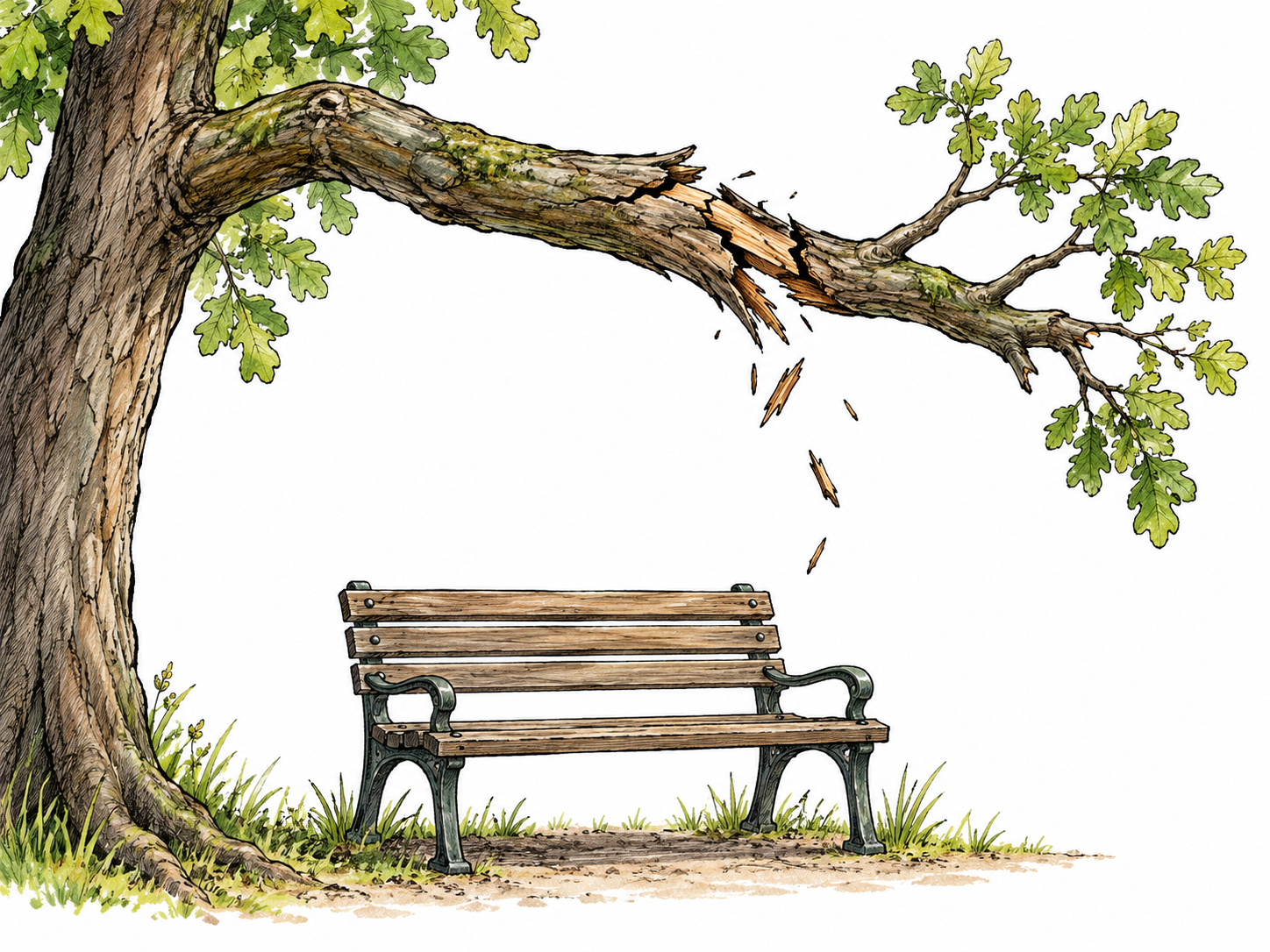 A visibly unstable cracked branch hangs dangerously over an empty park bench, ominous physical sign of imminent danger, no people or text.