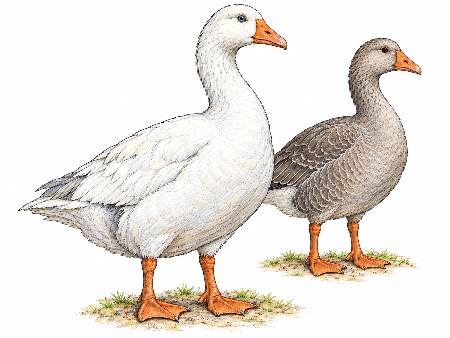 A full-grown male Pilgrim goose stands prominently in the foreground, with its characteristic mostly white plumage and blue eye.