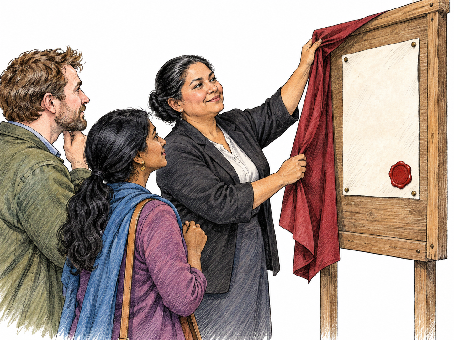 A clerk unveils a newly posted official sheet with a prominent plain wax seal to two attentive citizens; paper is blank, no headings or slogans, only a small notice-board section.
