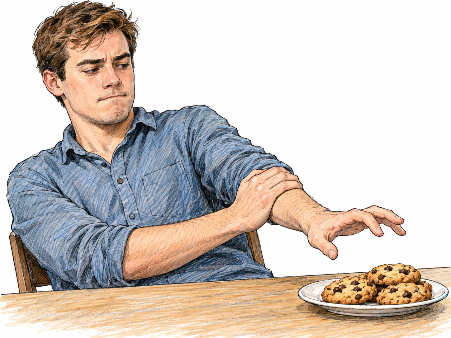 A young man visibly restrains his own attempt to take a cookie: one hand reaches toward the plate while his other hand draws that reaching wrist back toward his chest.