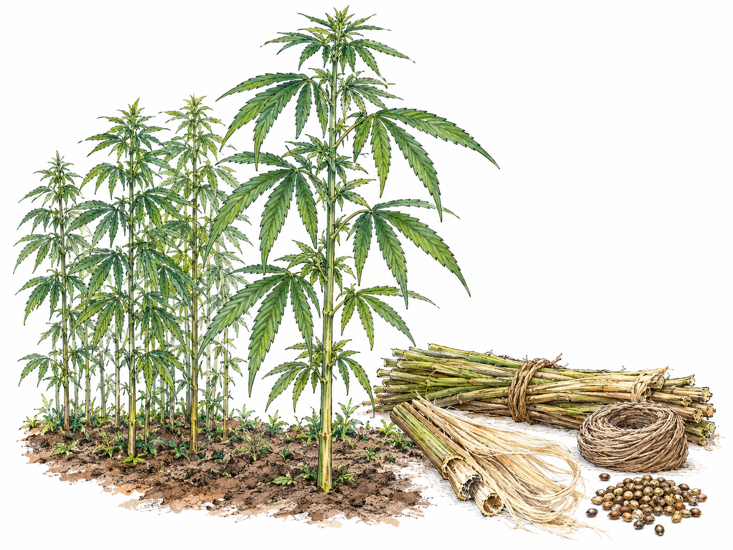 A small cultivated stand of tall hemp plants, with recognizable narrow, serrated palmate leaves, beside harvested stalks whose ends reveal long bast fibers, a short coil of coarse fiber cord, and a small pile of seeds.