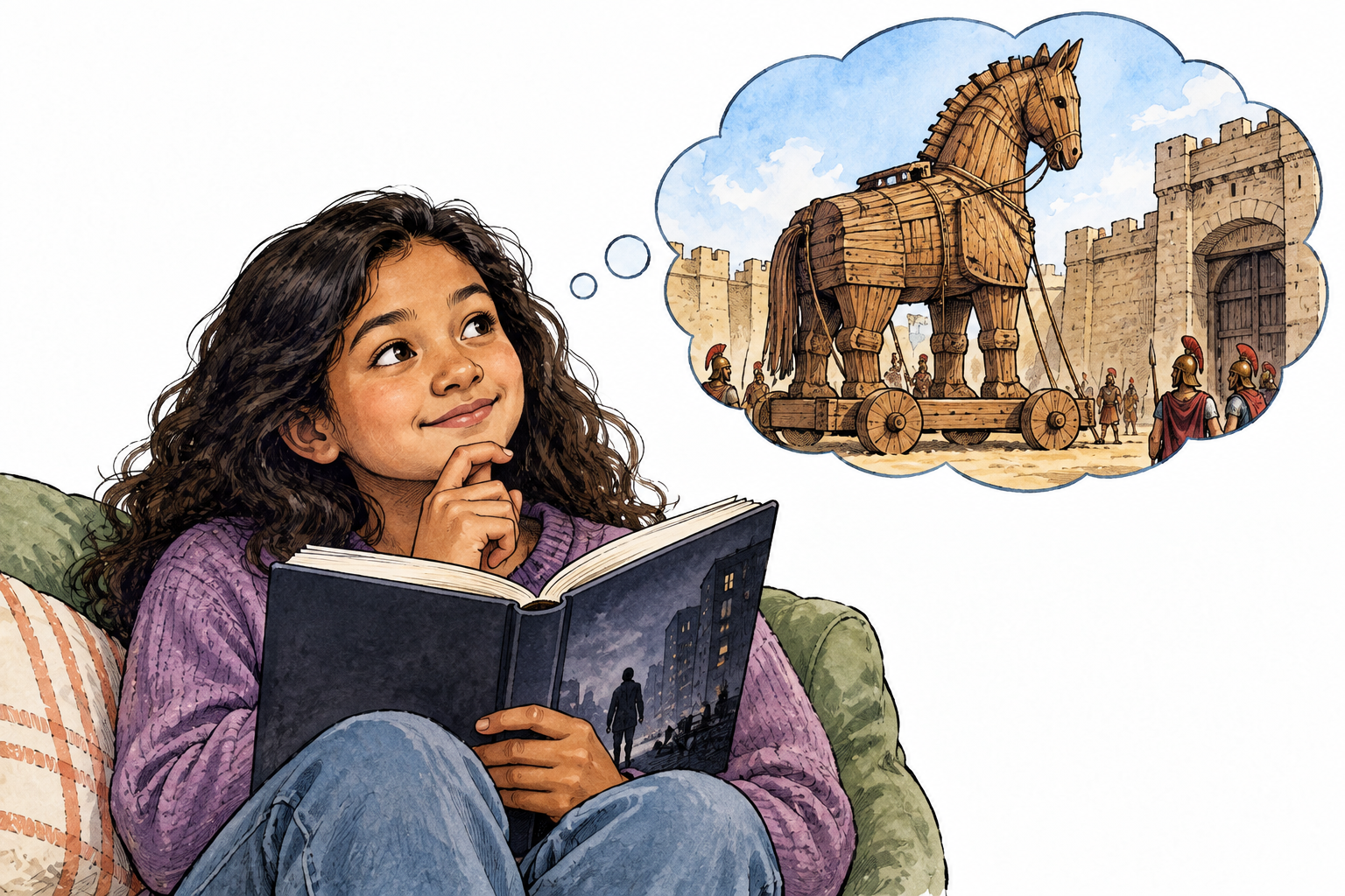 Reader recognizes reference to Trojan horse in a modern book, thought image of wooden horse.