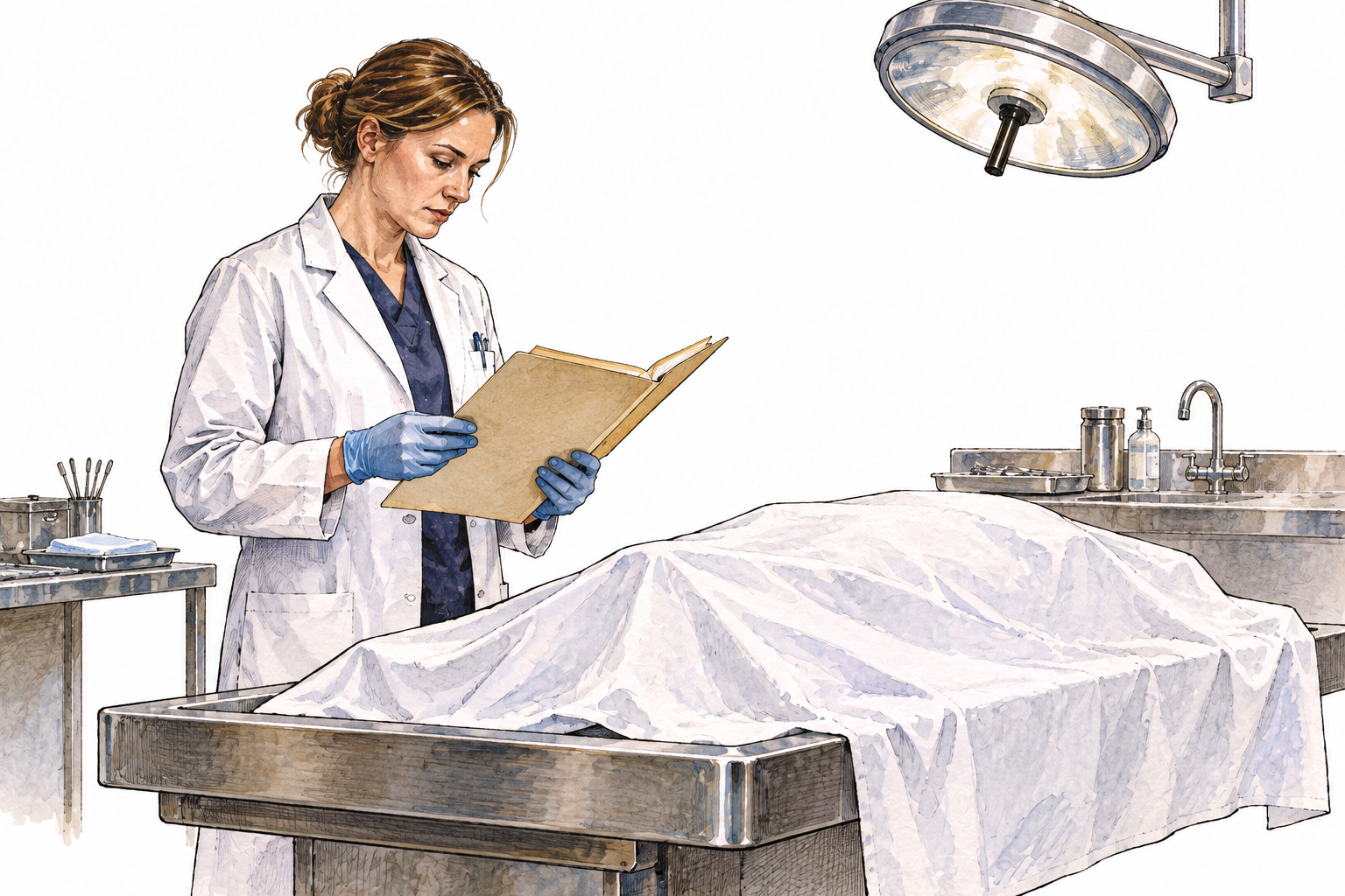 A white female coroner examines a case file beside a covered deceased body on a mortuary table, respectful no visible body or gore, no writing.