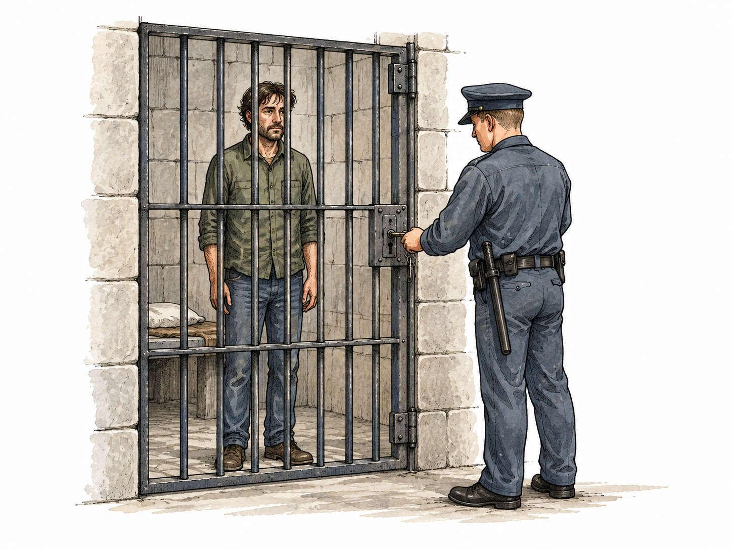 A neutral guard closes a barred cell door while a fully clothed adult remains inside, nonviolent.
