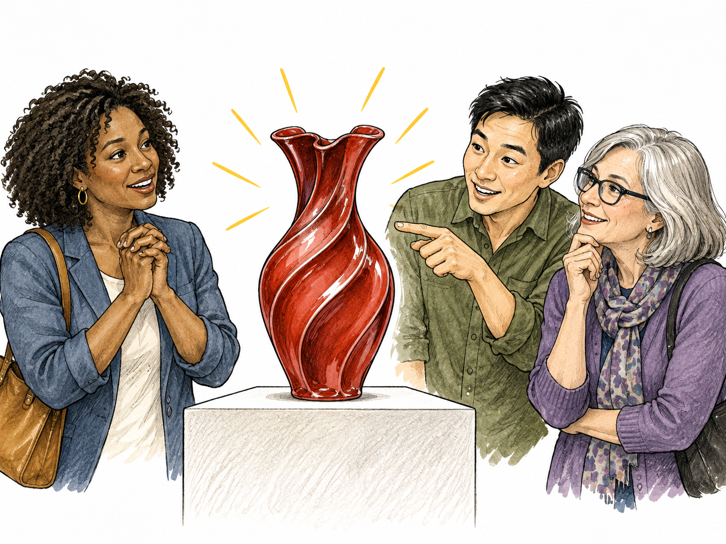 A striking red sculptural vase on a pedestal draws the gaze and pointing attention of three visitors; concentrated admiration.