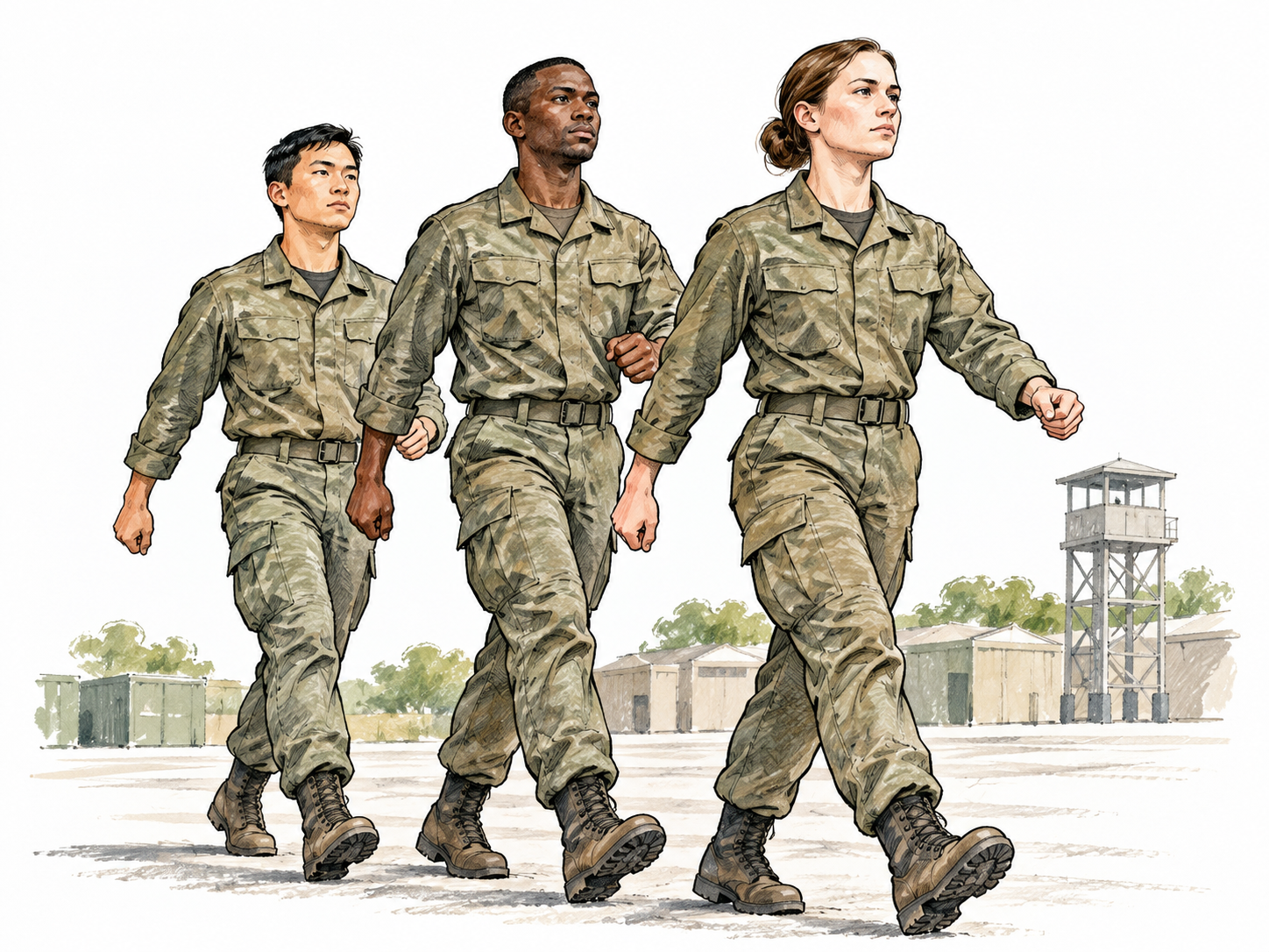 A small modern military unit in plain unmarked uniforms practices organized marching at a base, no national insignia, weapons fired or combat injuries.