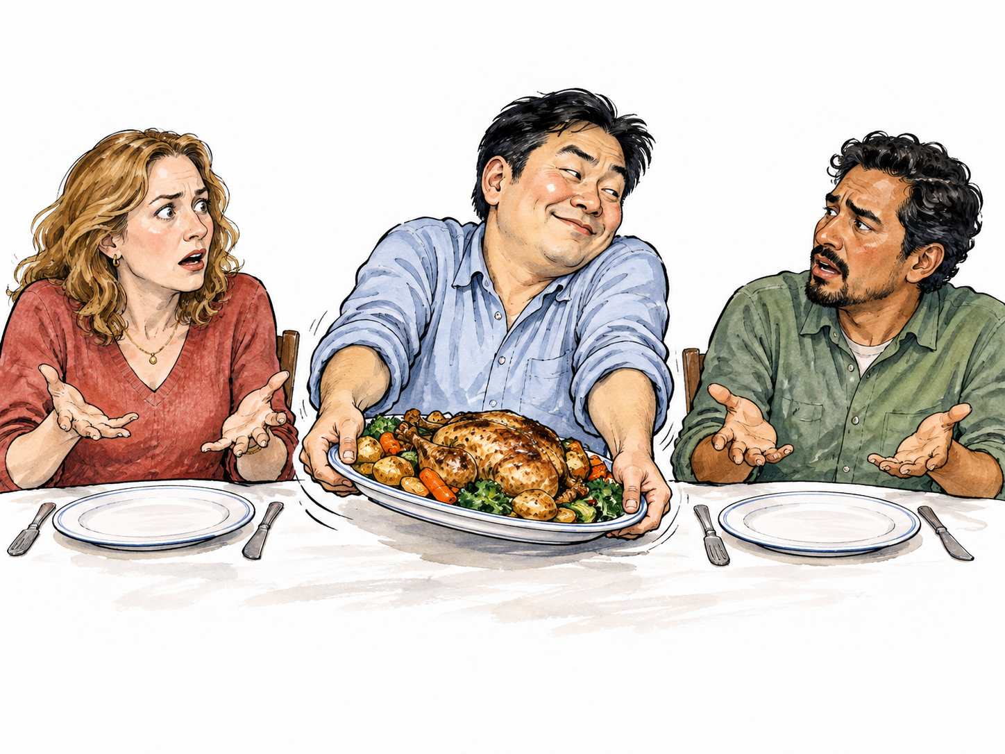 At a shared meal, one adult greedily pulls the entire serving platter toward himself while companions are left with empty plates, focused only on his own interests.