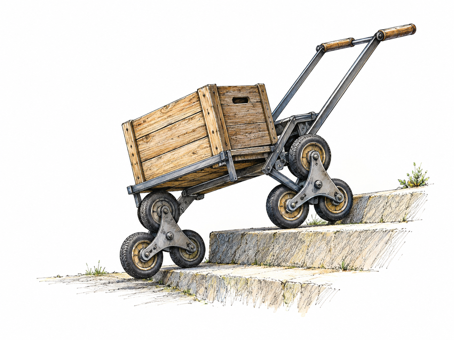 A clever newly designed handcart has a three-wheel stair-climbing cluster at each side, shown rolling safely up two steps with a small crate; inventor’s simple working prototype, clear engineering, no labels.