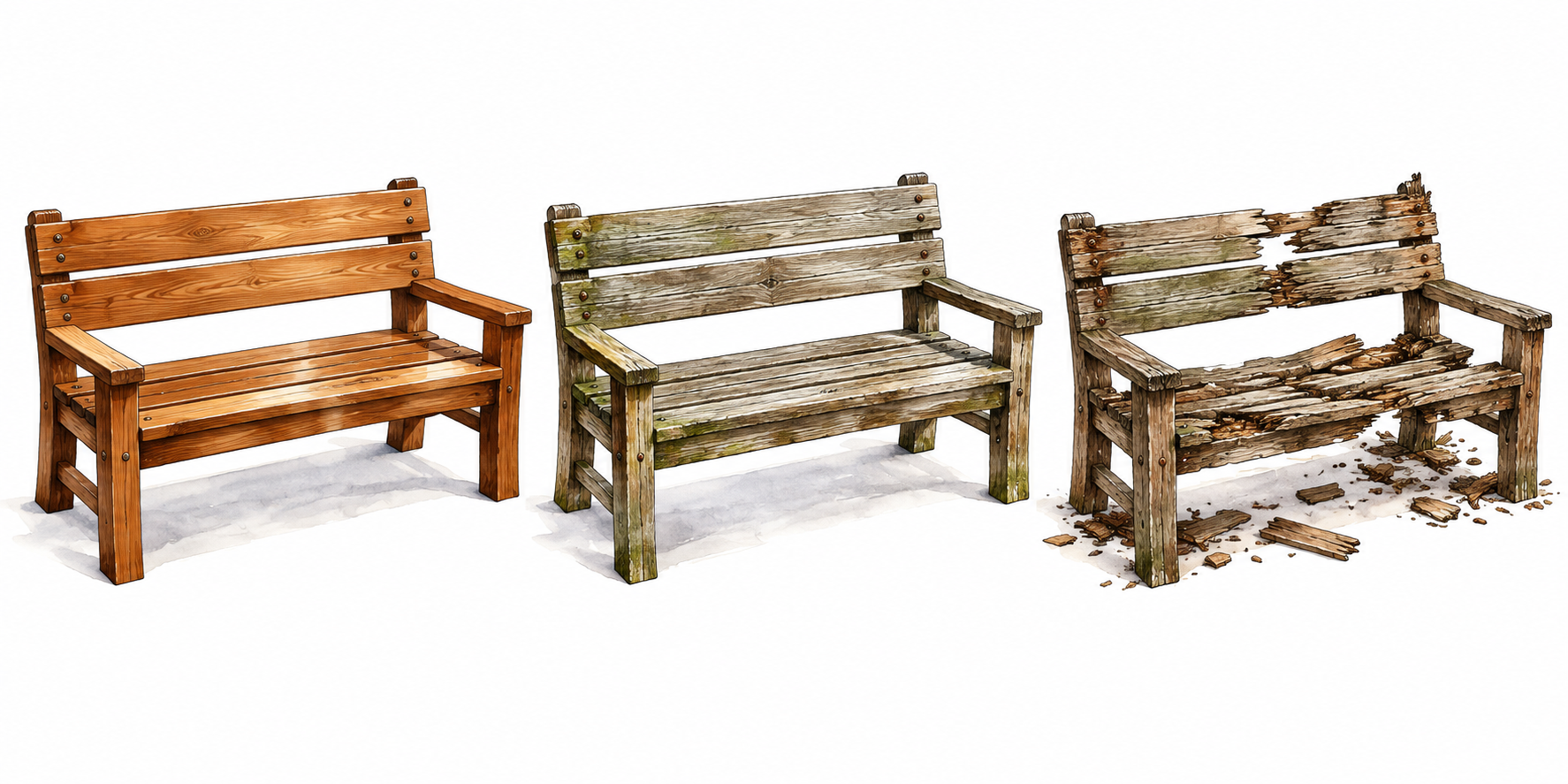Wooden bench deteriorates in three stages from sturdy polished to weathered to broken rotten planks, decline in condition.