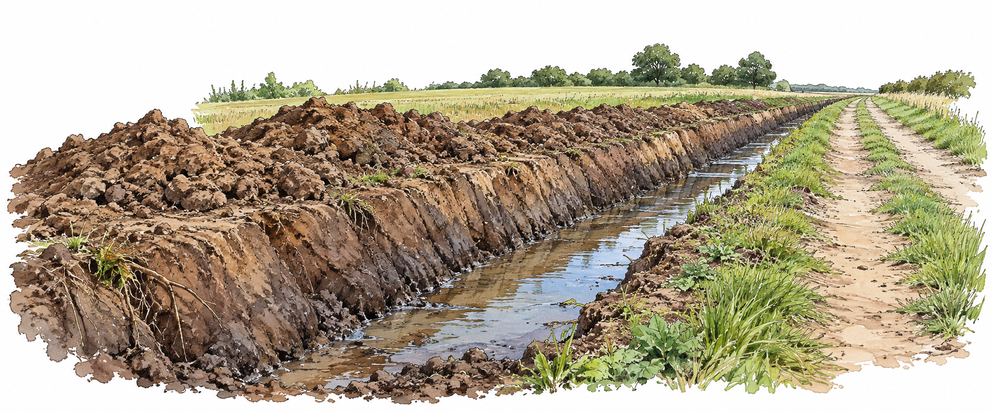 Long narrow drainage ditch freshly dug alongside farm path, exposed earth and shallow water.