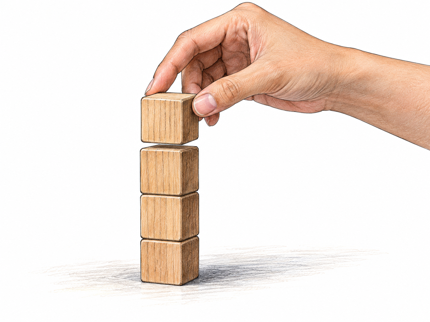 A small stack of identical wooden blocks gains exactly one extra block placed on top by a hand; small added amount readable.