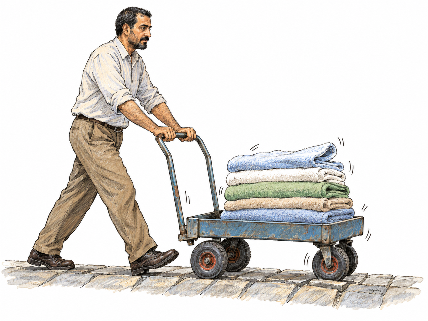 A man pushes a small utility cart across closely spaced uneven paving joints; the little bumps visibly jostle a stack of folded towels on the cart.
