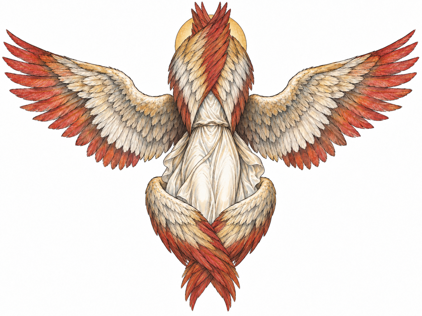 A single majestic seraph with six wings: one pair shielding its face, one pair extended in flight, and one pair covering its feet.