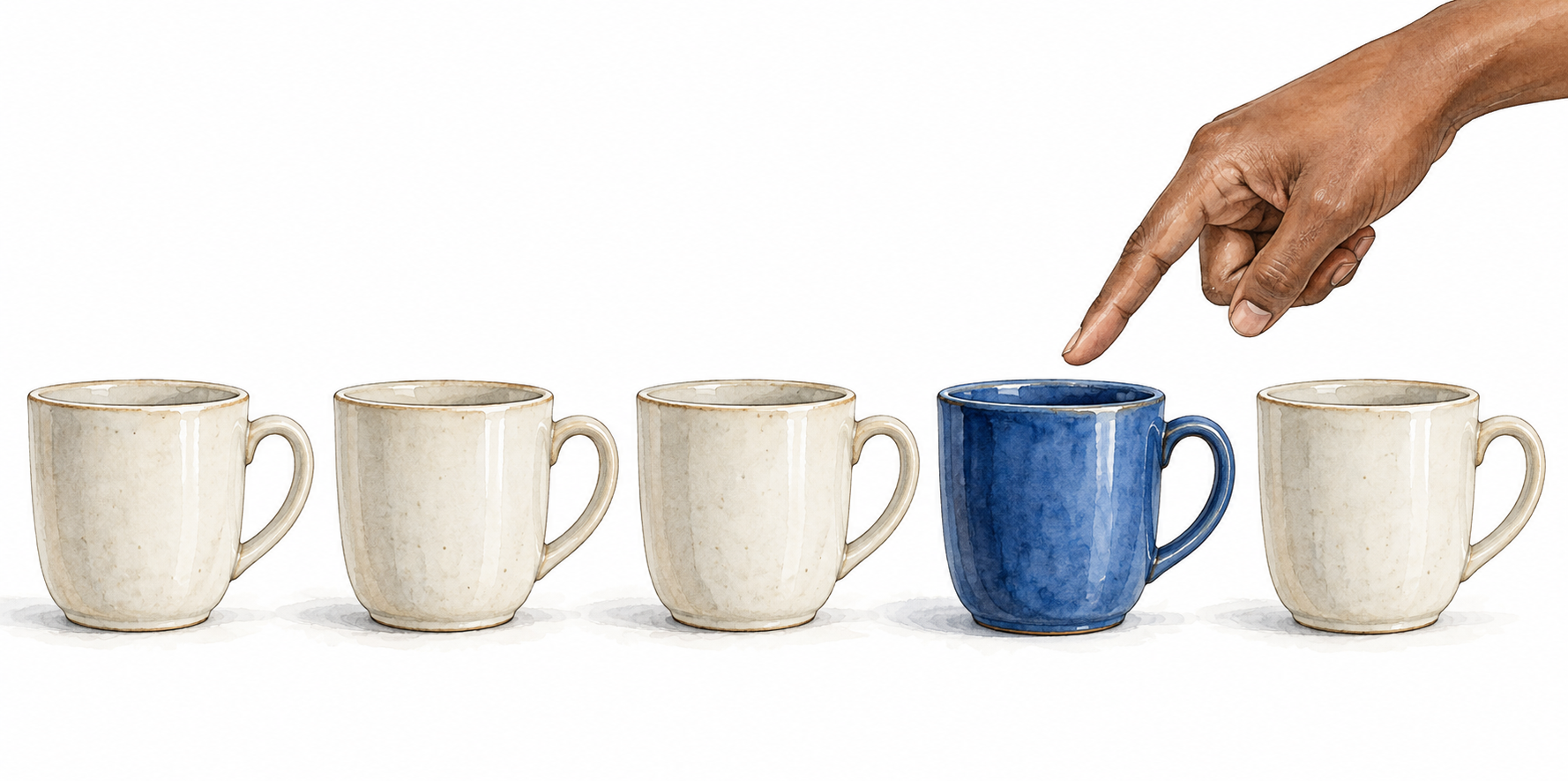 A hand singles out exactly one cup from a neat row of similar cups.