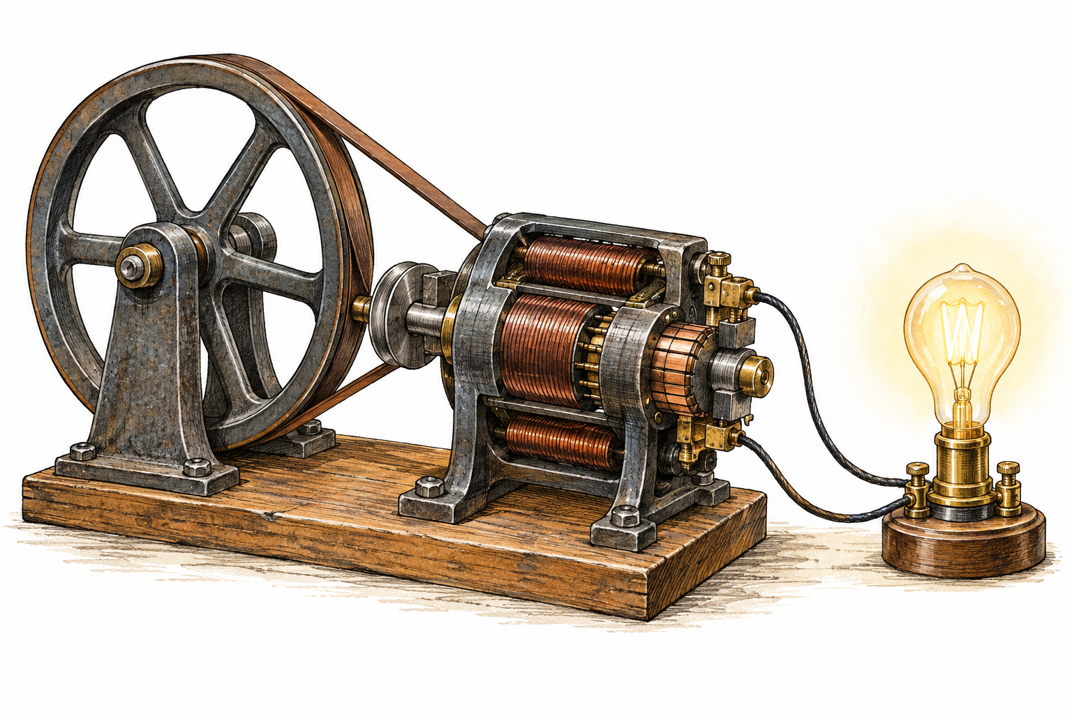 An antique electrical dynamo generator with visible copper coils, belt wheel and shaft powering a glowing bulb, no labels.