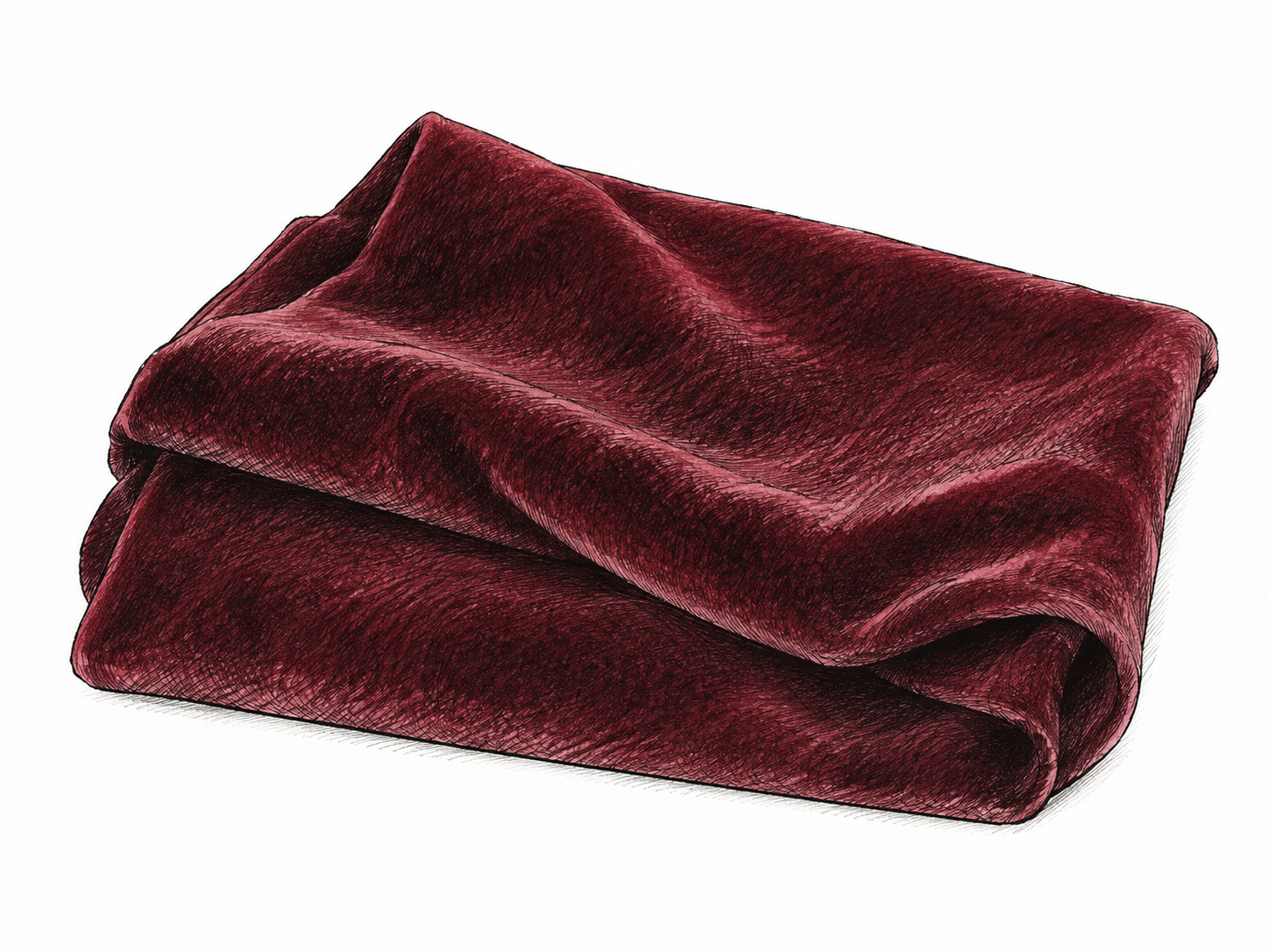 A folded velvet swatch has a short dense pile, dark rich color and softened highlights described with colored pencil and ink contours; no photographic fabric sheen.