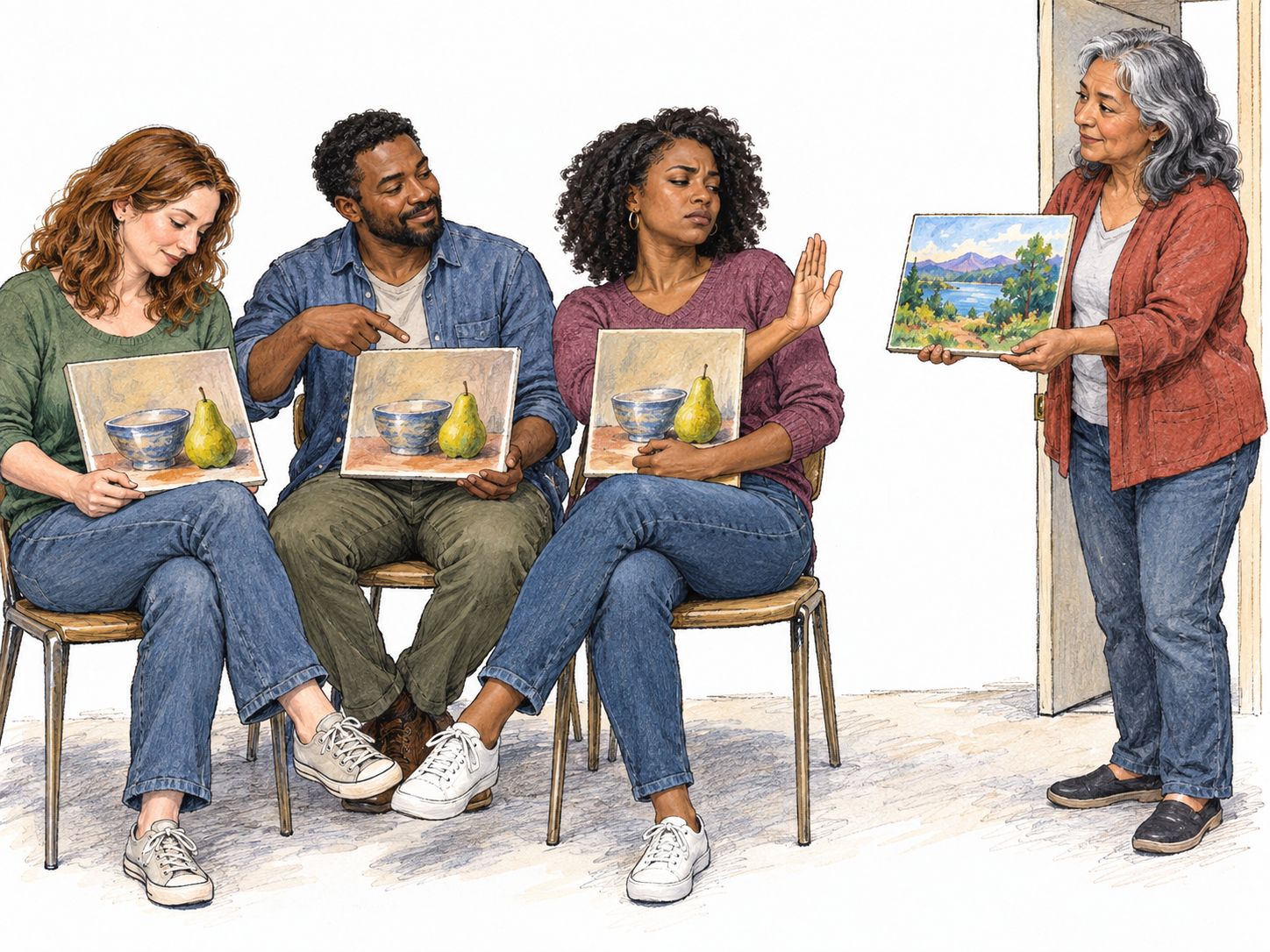 An inward-looking painting club rejects an unfamiliar approach while its members copy only one another's nearly identical work.