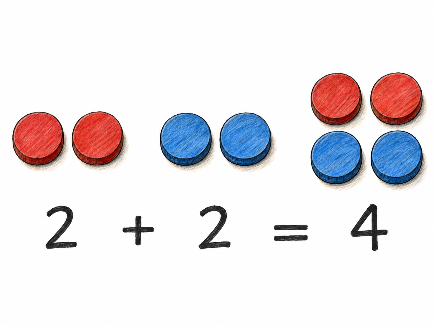 A directly checkable arithmetic fact: two red counters plus two blue counters equal four counters, with the small functional equation 2 + 2 = 4 aligned beneath the corresponding groups.