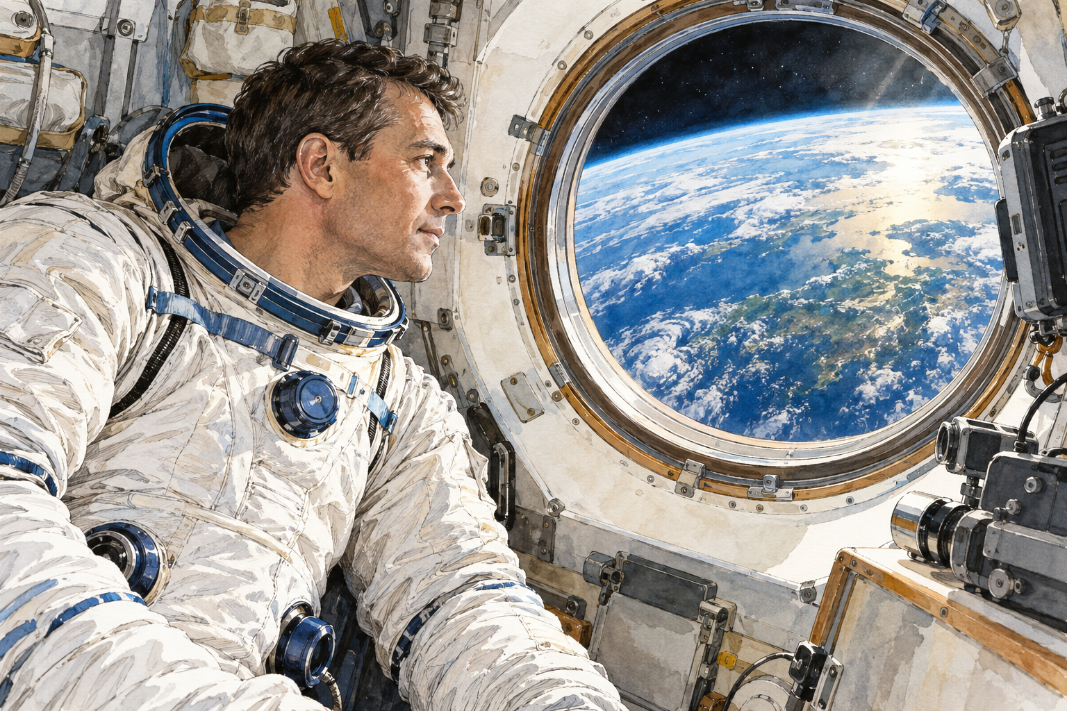 A Russian cosmonaut in a realistic white spacesuit floats inside an orbital spacecraft looking toward Earth through a window, no flag patches, lettering or insignia.