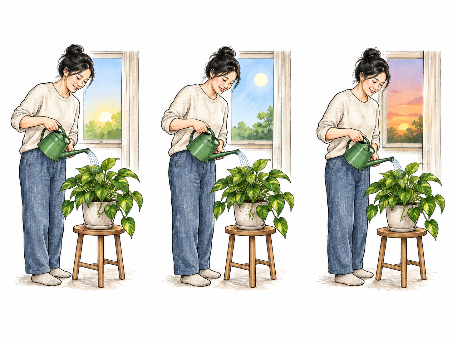 Three small weekday-like scenes show the same adult watering her houseplant repeatedly, consistent room and plant, repeated occasions clear without calendar numbers.