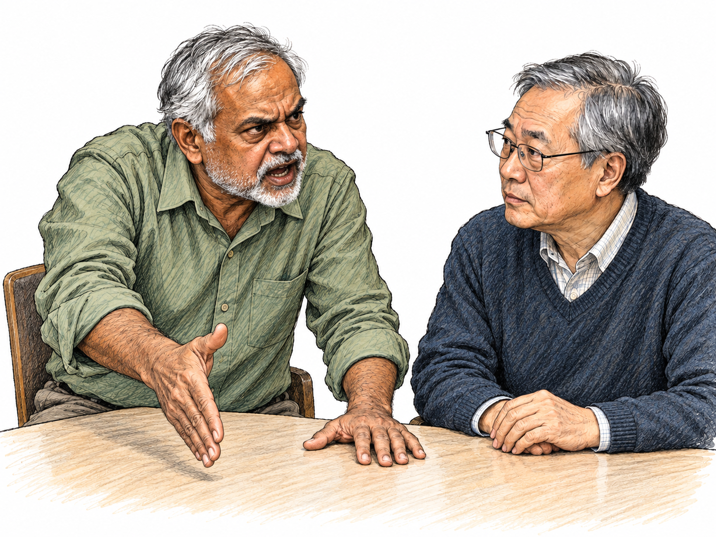An older man makes a vehement point across a small meeting table, leaning forward with an intensely emphatic expression and a forceful open-handed gesture while another older man listens.