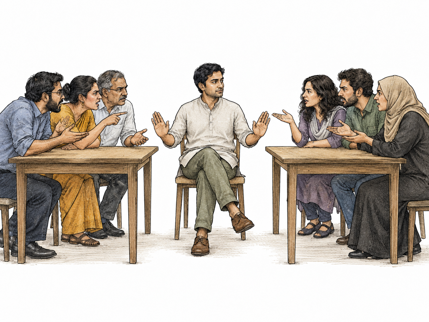 A neutral observer sits midway between two arguing groups at separate tables, calm even-handed posture, no flag or slogans.