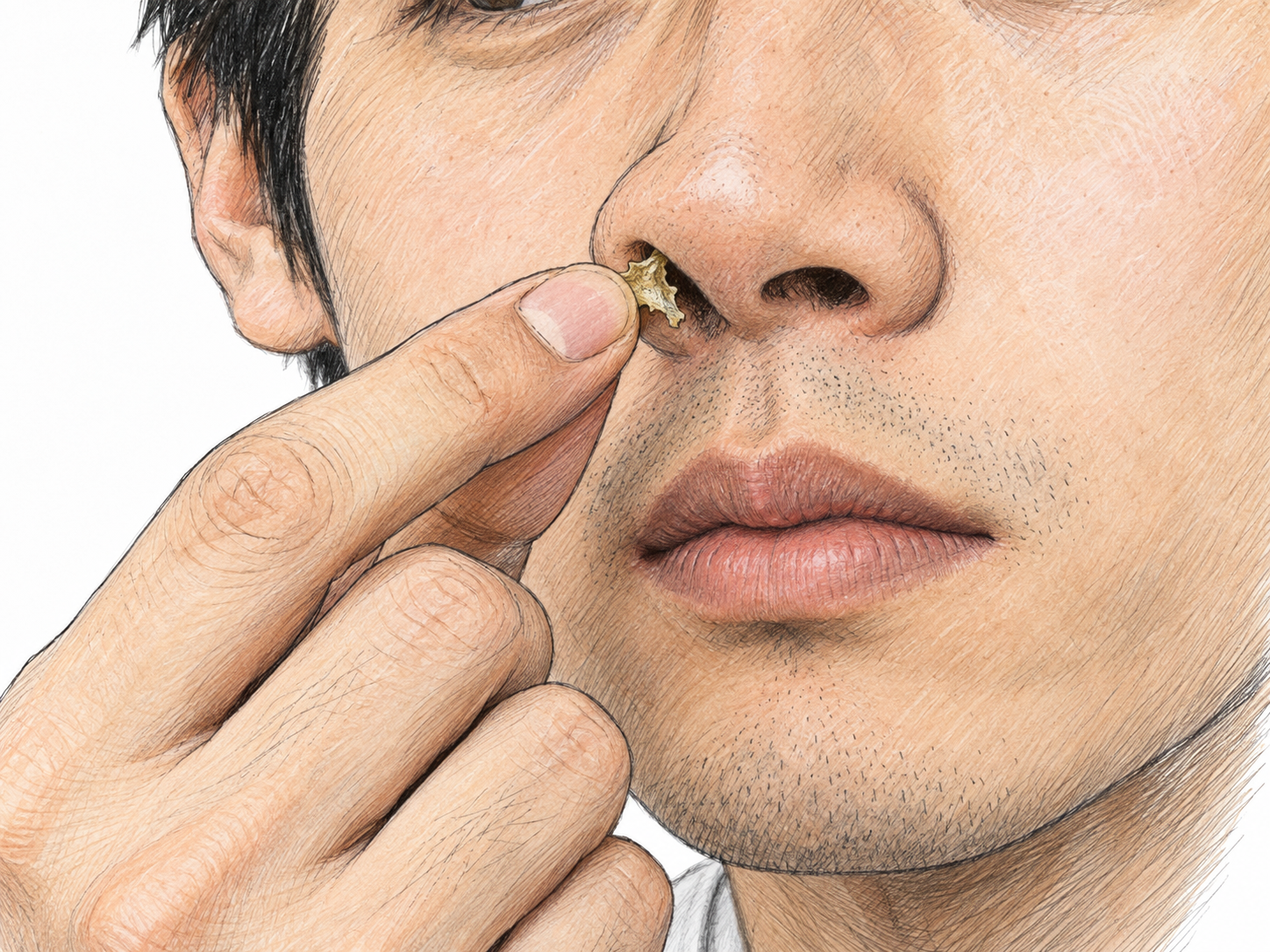 A close-up of a young man's nose and fingertip, showing a small dry, crusty piece of nasal mucus being lifted from the rim of one nostril.