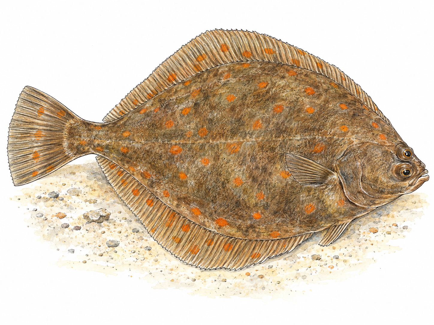 A single European plaice seen from its eyed upper side, showing its broad flattened body, characteristic orange spots, and both eyes on the right side of its head.