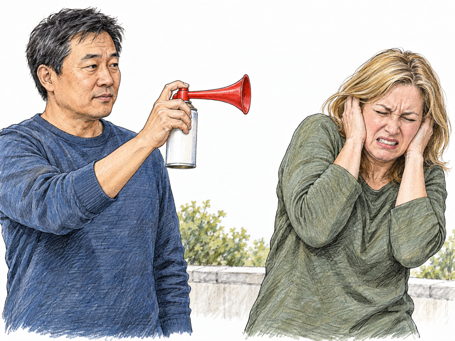 A man blasts a handheld air horn while a nearby woman recoils and clamps her hands over her ears, making the emitted sound's harsh loudness visible through her reaction.