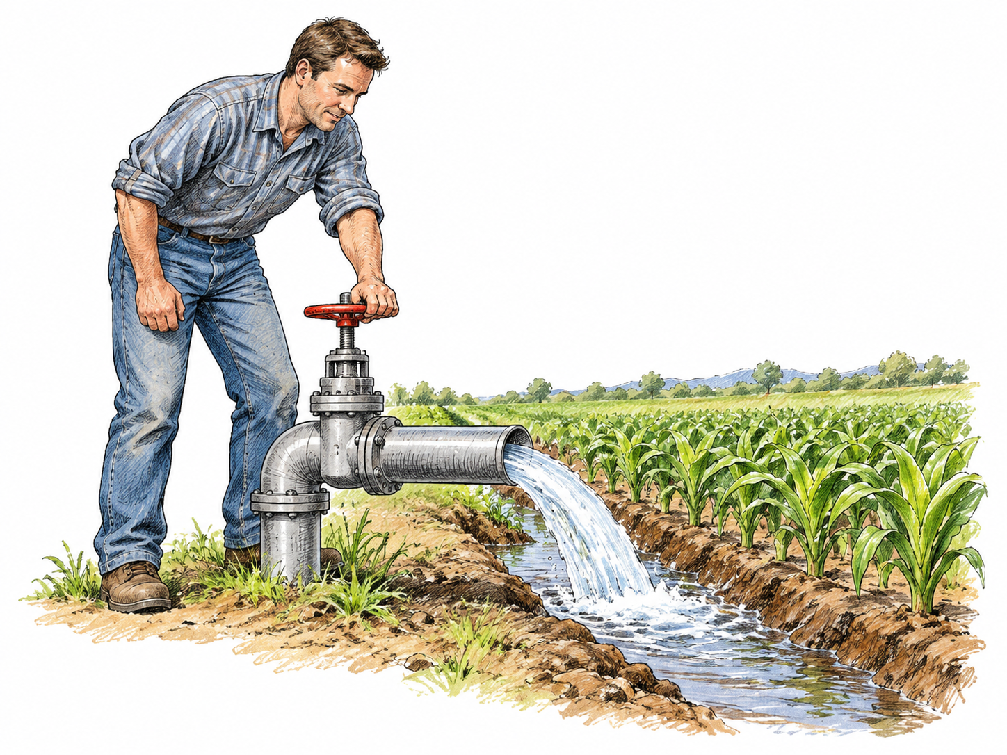 A modern adult opens a simple irrigation valve feeding a row of crops; clear artificial water supply, no technical installation instructions.