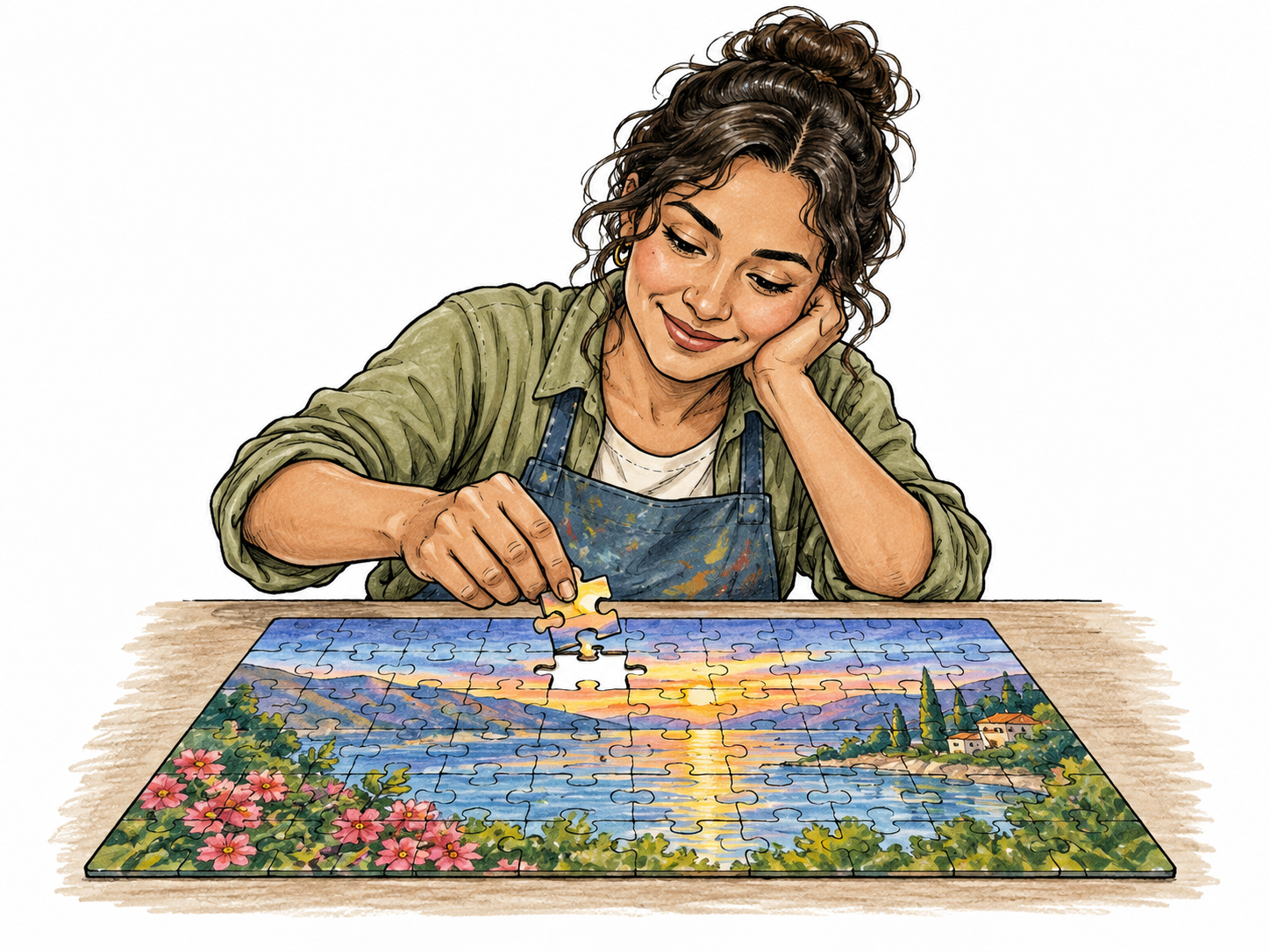 A young adult Latina artist places the final piece into a nearly complete colorful jigsaw puzzle; every other piece already connected and the one last gap clearly matches her piece.