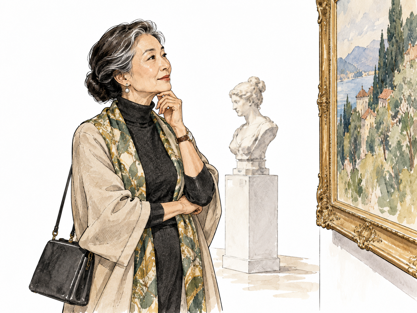 An elegant older East Asian adult thoughtfully studies an art exhibition with cultivated interest.