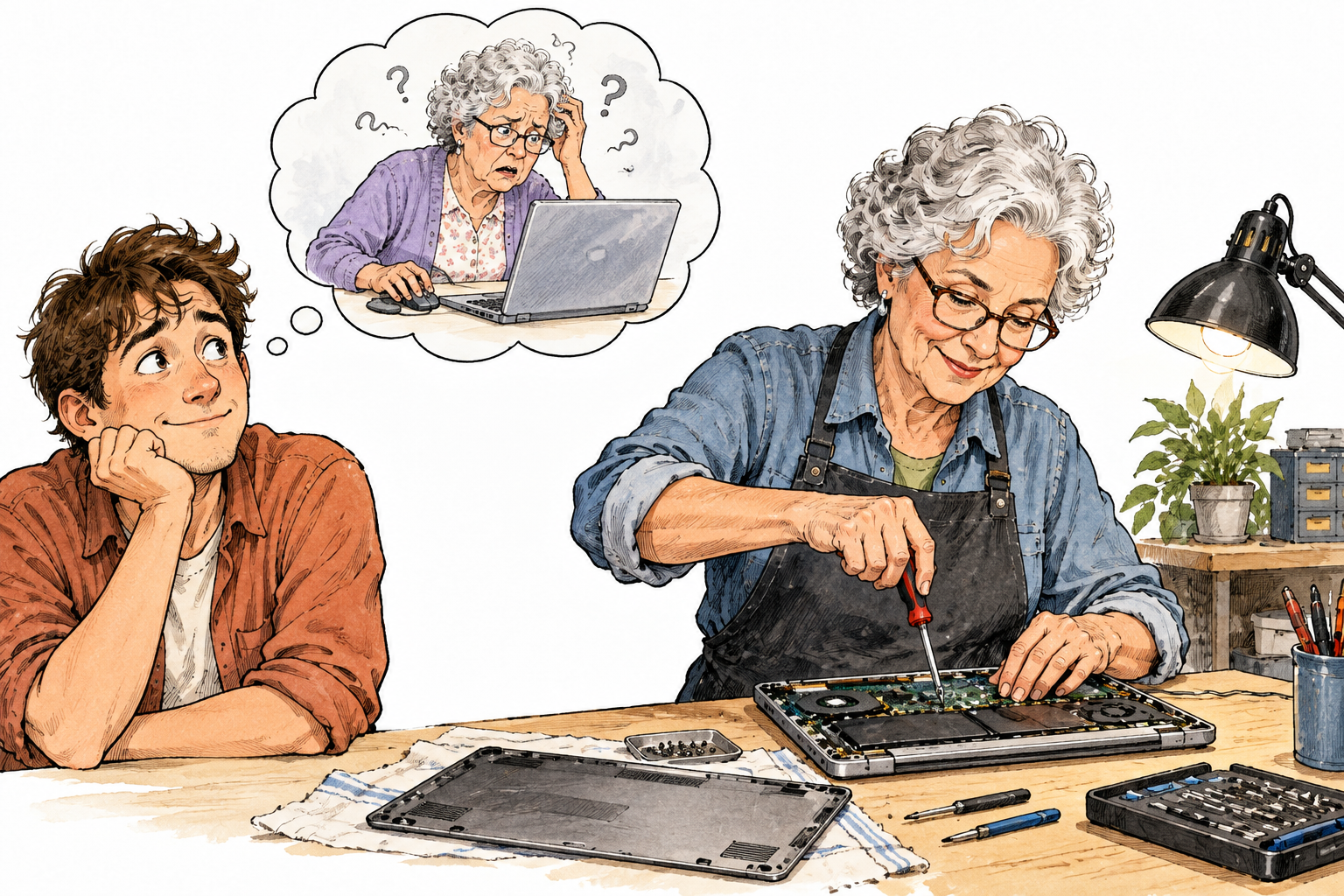 A young adult imagines an older gray-haired woman unable to use a computer in a faint thought bubble, while the actual woman confidently repairs a laptop on the workbench; mistaken oversimplified assumption clearly contradicted, no writing.