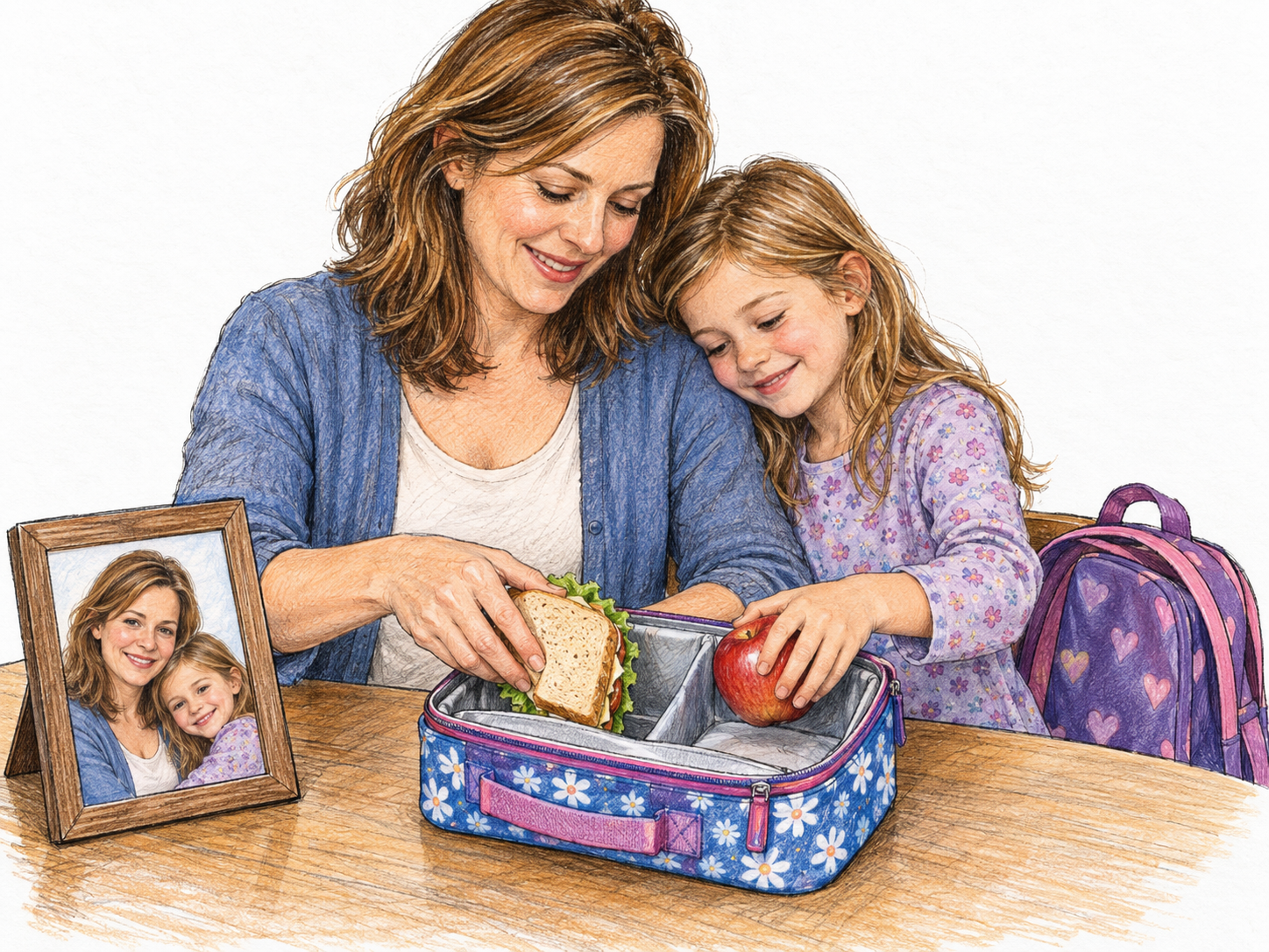 A mother helping her school-age daughter pack lunch before school, with affectionate closeness and a small family portrait reinforcing their parent–child relationship.