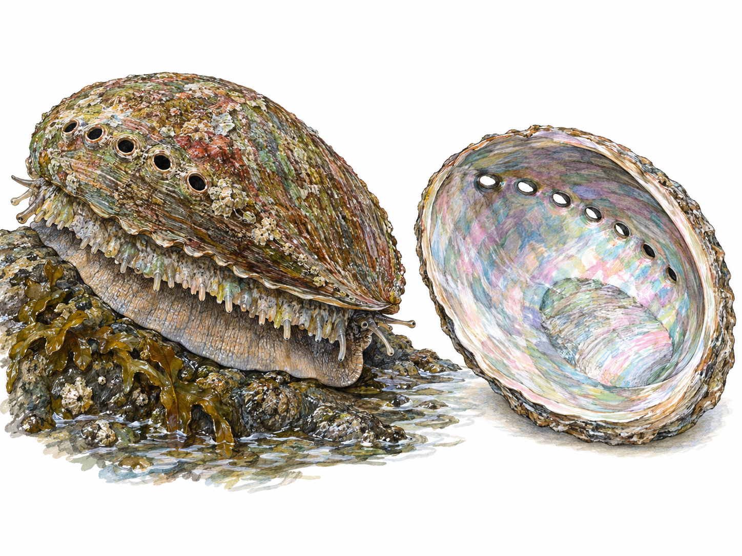 A close-up natural-history still life of a live abalone on a small wet rock beside an empty abalone shell tilted to reveal its iridescent interior.
