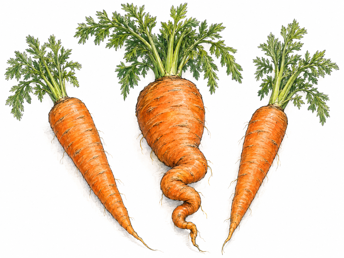 An otherwise ordinary carrot has a peculiar corkscrew-shaped root, set beside two straight carrots so its odd natural feature is immediately apparent.