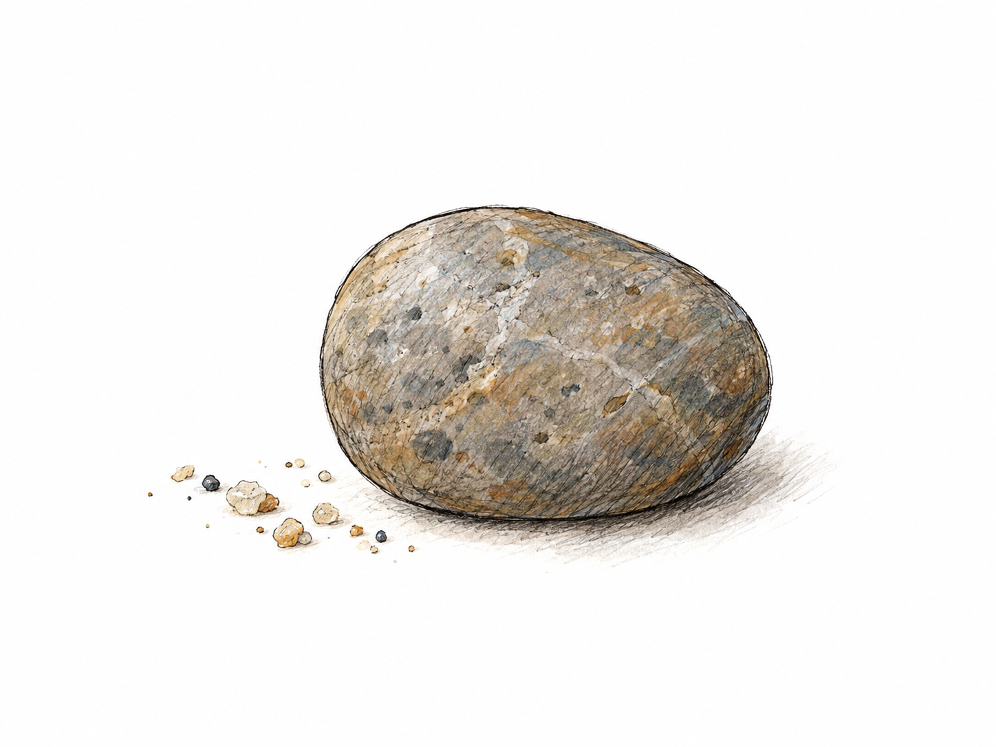 A single small, smooth, rounded river pebble resting beside a few grains of sand on a white ground, with the sand providing a subtle scale cue.