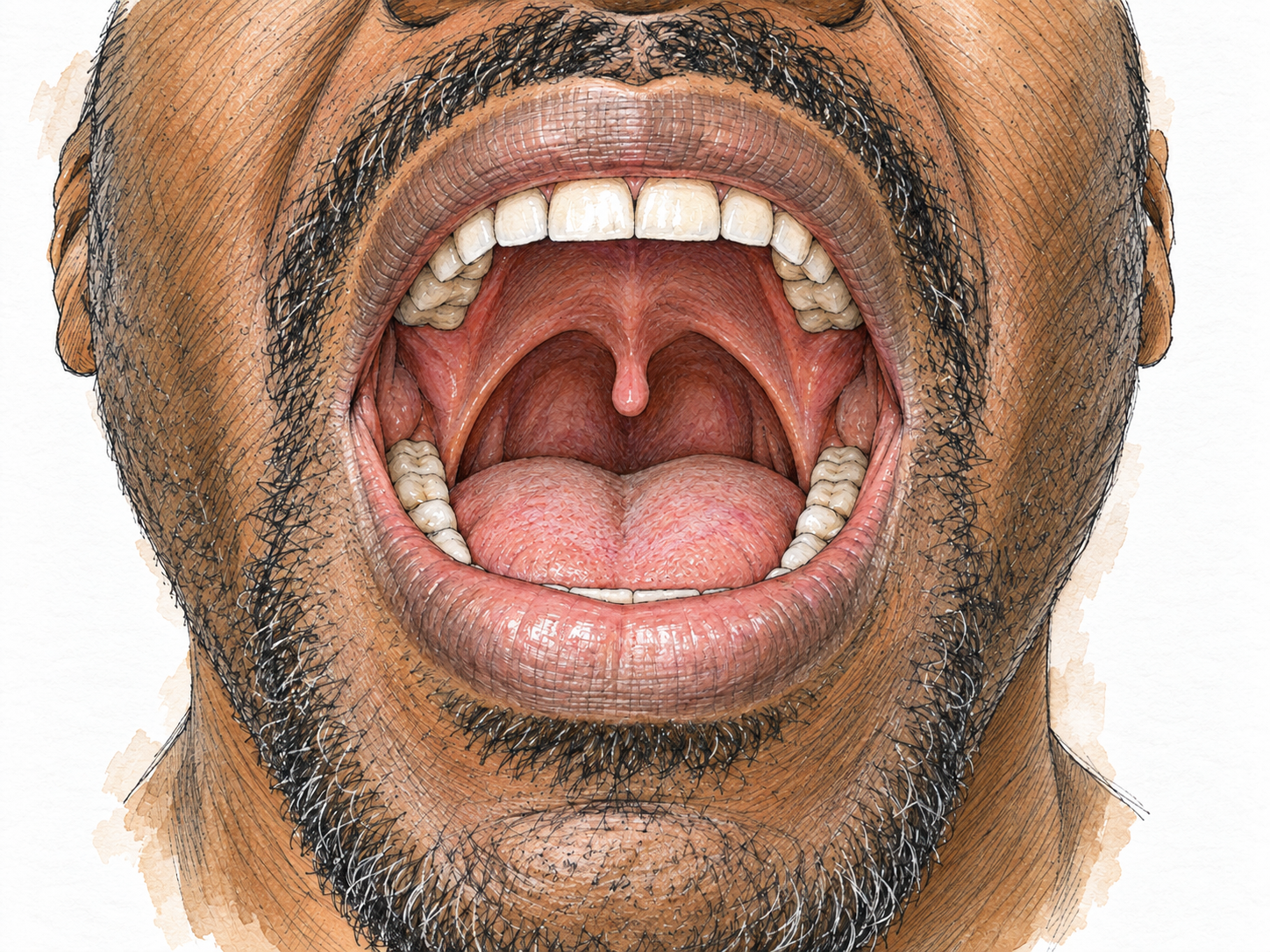 A tightly cropped frontal view into an open mouth, clearly showing the small rounded uvula hanging from the center of the soft palate above the lowered tongue.