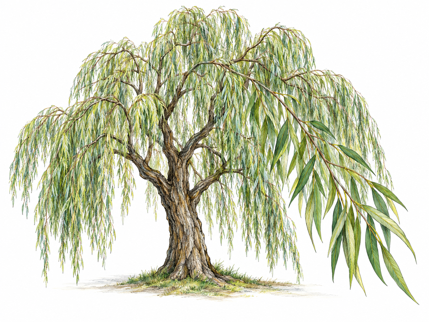 A single willow tree with long, slender branches bowing downward and a foreground spray of narrow lance-shaped leaves, making its characteristic foliage and pliant growth readable at card size.