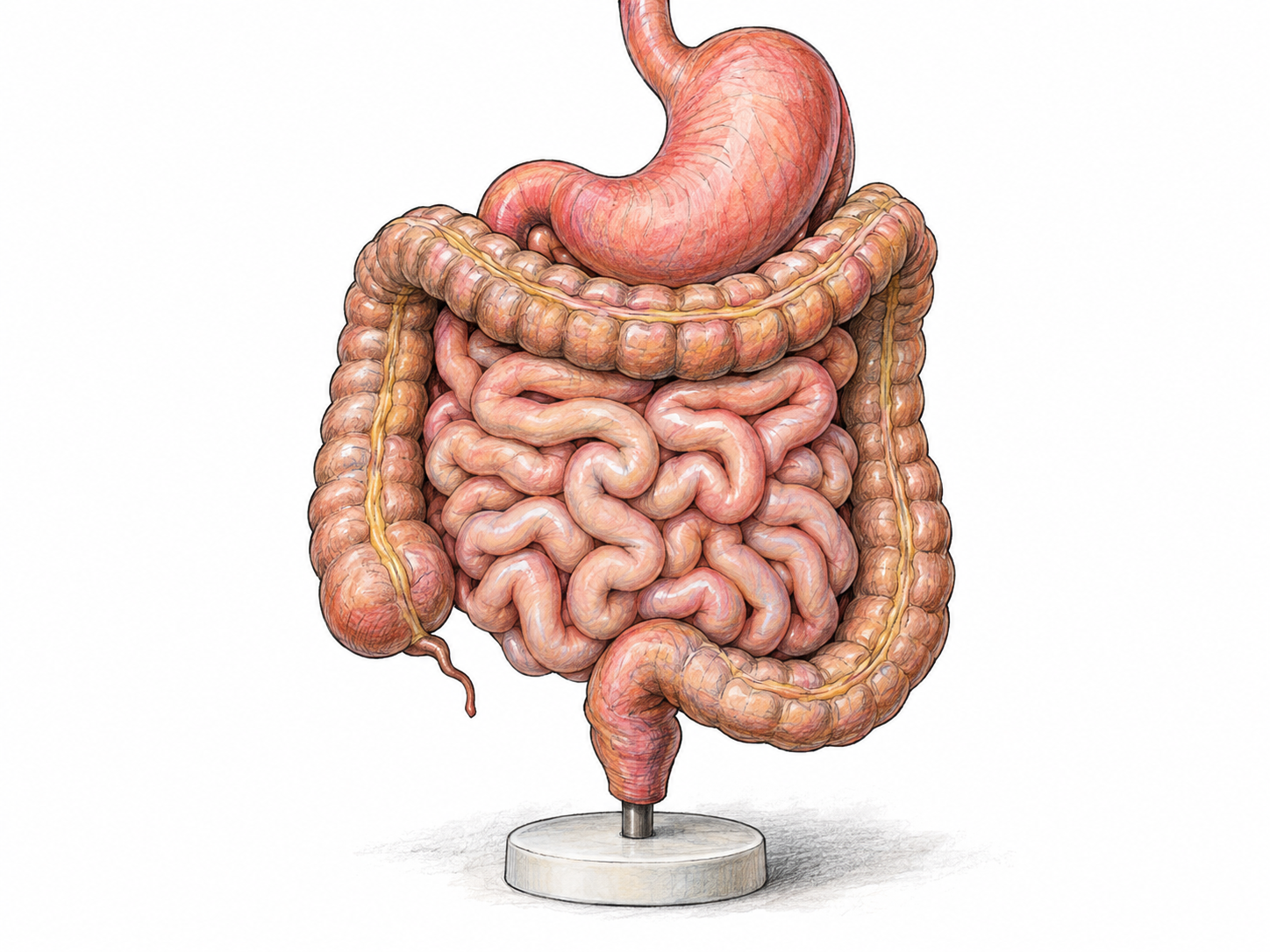 An isolated anatomical teaching model of the digestive organs, with the coiled intestines prominent, depicts the literal internal-organs alternative of the frozen meaning.