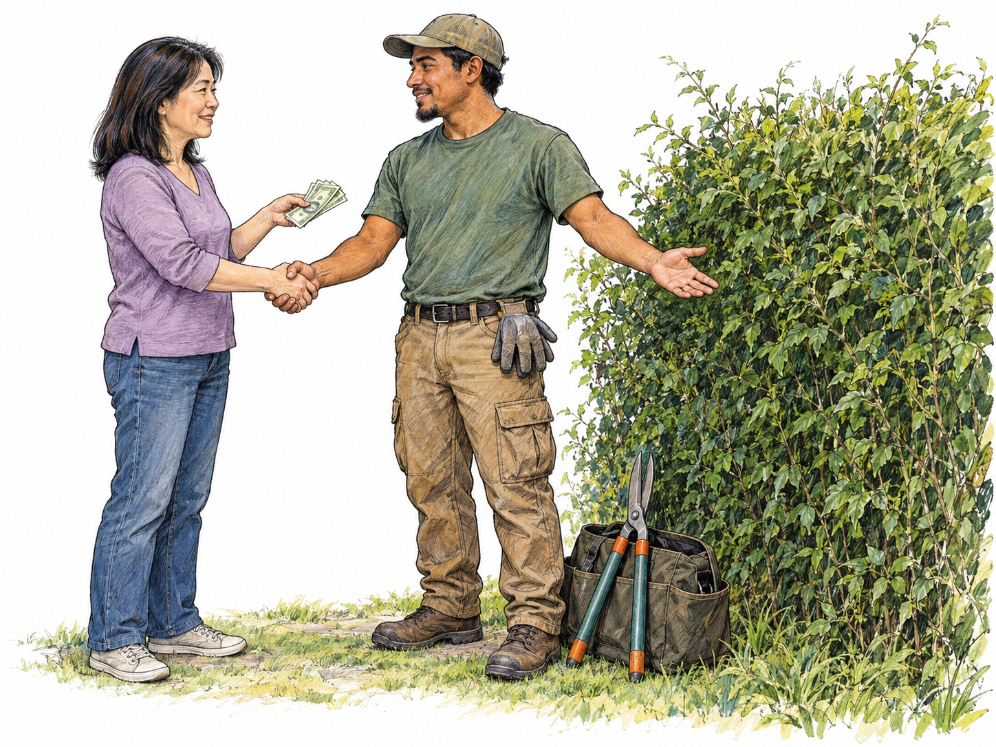 A homeowner engages a gardener for paid work: they shake hands beside an untrimmed hedge while she offers banknotes and indicates the hedge he is to trim.