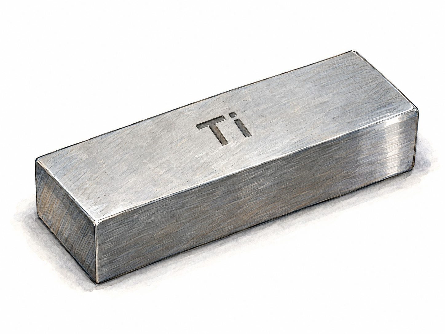 A clean silver-gray titanium sample bar with the small intrinsic material stamp “Ti,” showing its metallic surface and freshly machined edge.