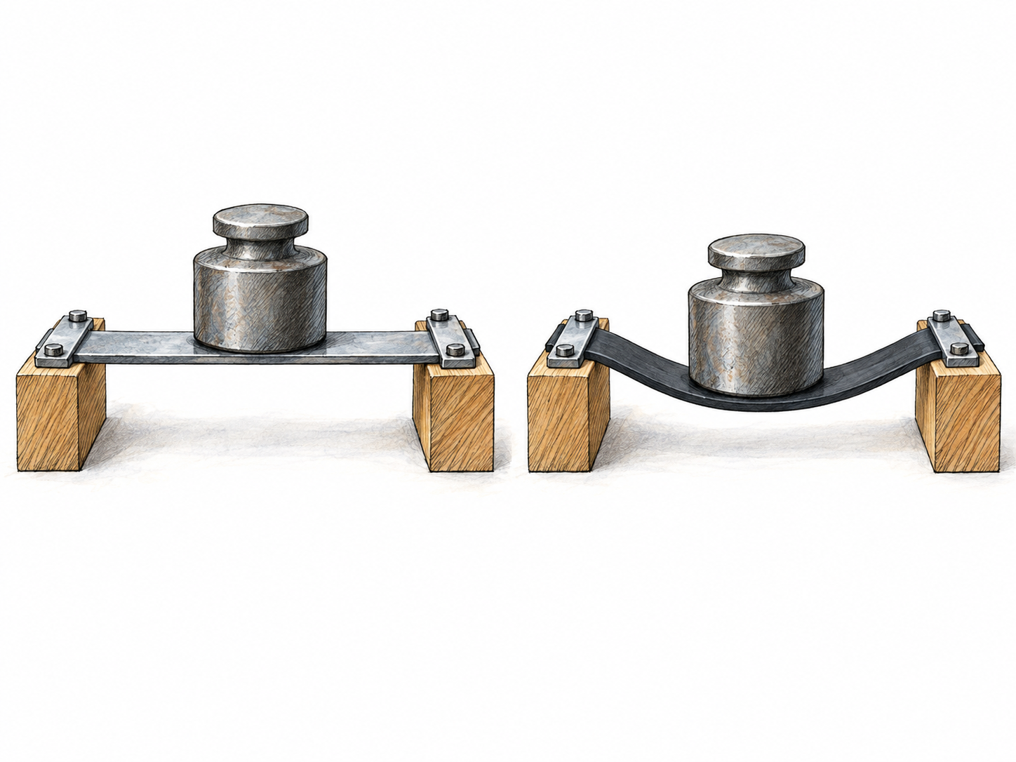 A simple physical comparison makes stiffness visible: a rigid metal strip remains straight under a central weight, while a flexible rubber strip bends deeply under an identical weight across an equal gap.
