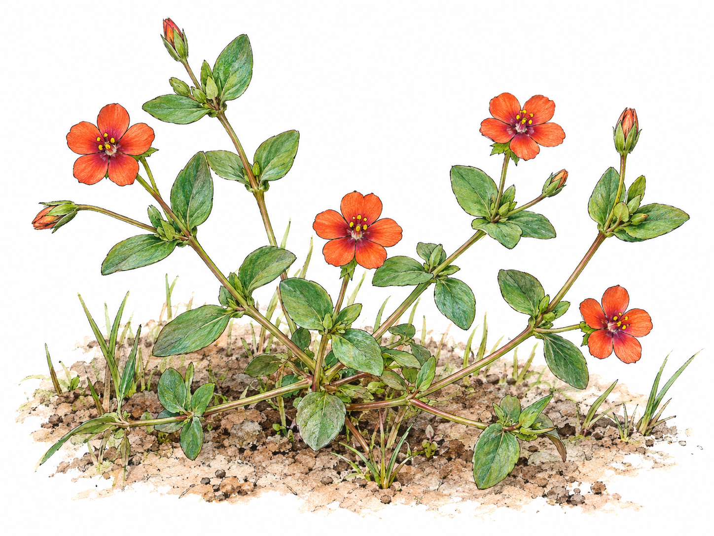 A close, naturalistic view of a small scarlet pimpernel plant, showing its low branching stems, opposite oval leaves, and tiny five-petaled red-orange flowers.