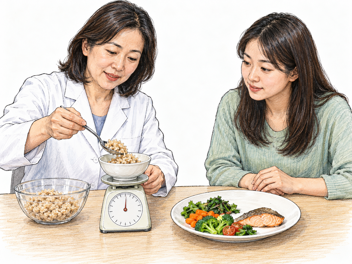 A nutrition clinician uses a food scale to portion a balanced meal while a patient watches, making regulated food quantities and nutritional composition the focus.