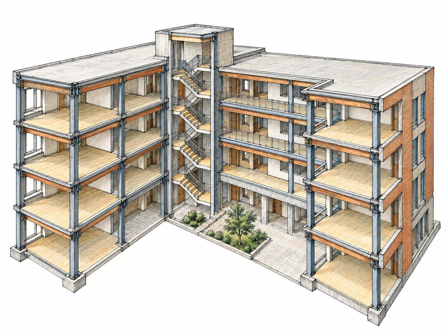 A carefully organized cutaway architectural model reveals a complex building as one coherent system: repeated structural bays, stacked floors, a central circulation core, and connected wings.